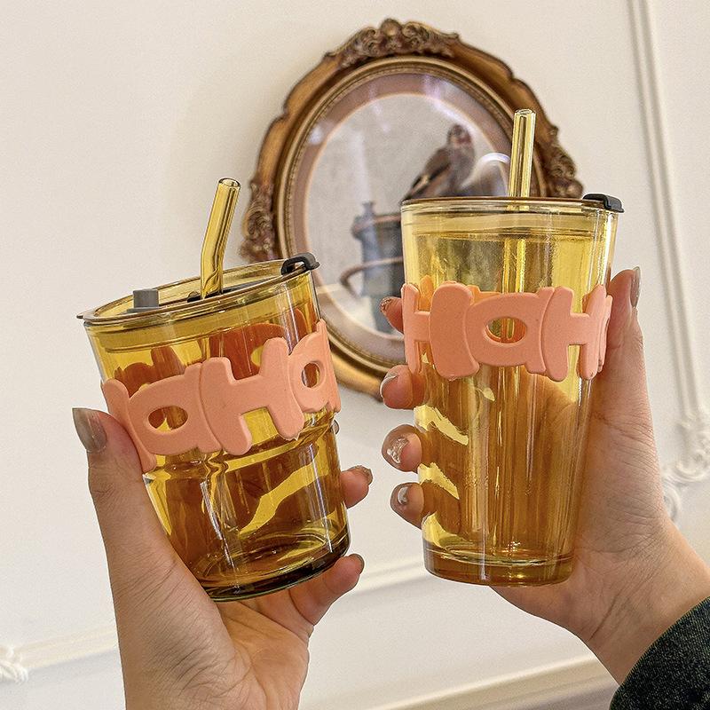 High Value Letter Bamboo Cup With Lid Straw Glass Water Cup Office Home Coffee Cup Gift Water Cup