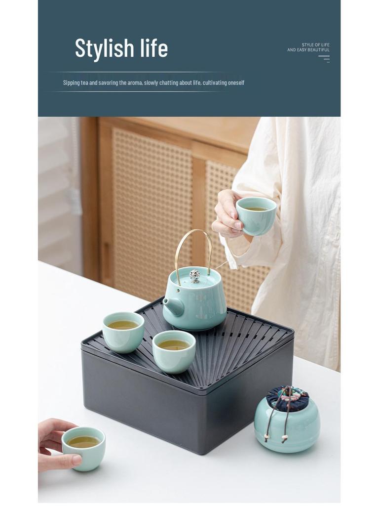 Portable Ceramic Kung Fu Tea Set: Teapot with Handle and Four Cups for Travel and Business Gifting