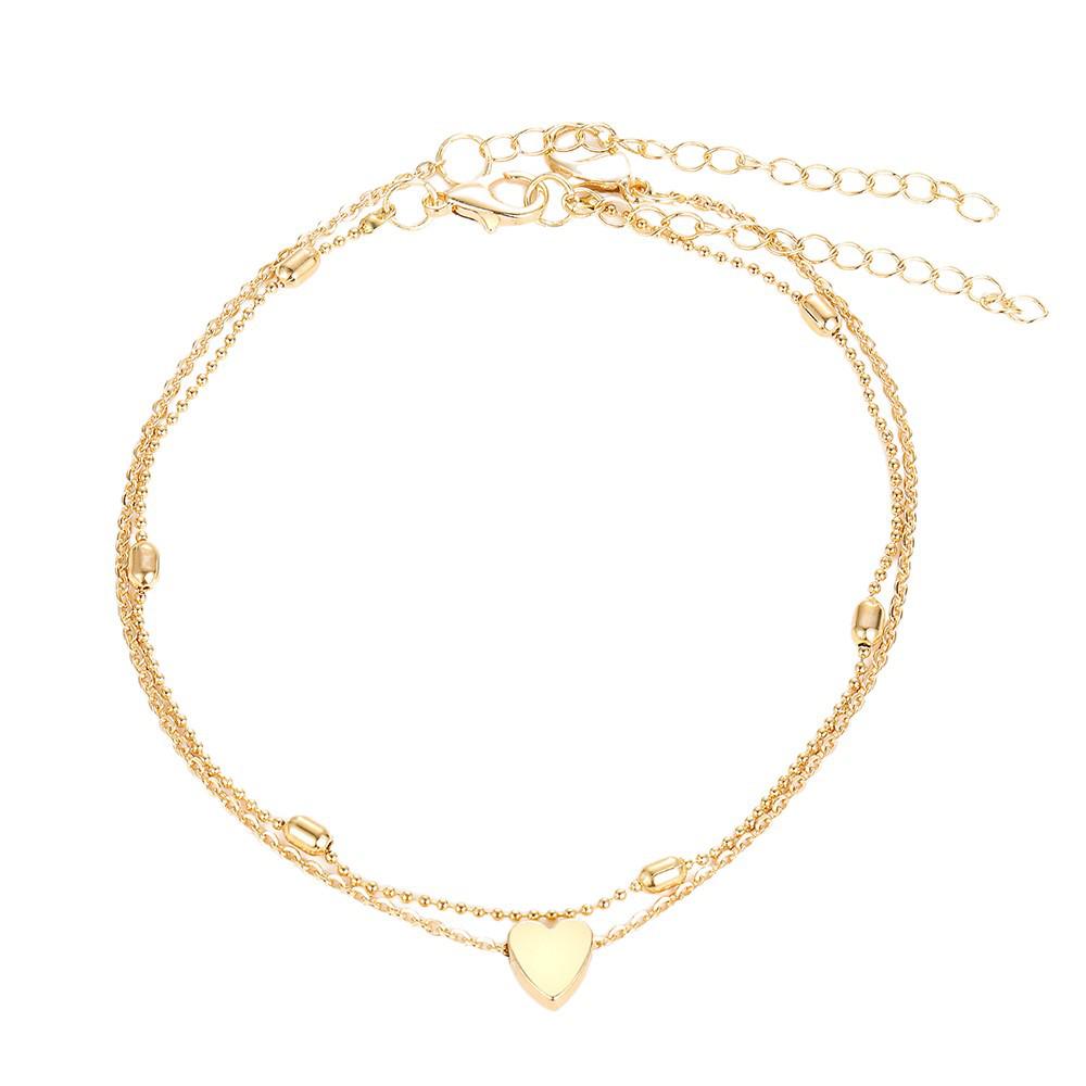 Cross-Border Double-Layer Heart & Bead Anklet: Retro, Simple Multi-Layer Alloy Beach Foot Jewelry