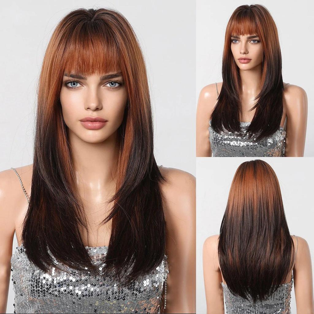 ALAN EATON Light To Dark Brown Layered Wig Long Straight Synthetic Wig Ombre Brown Wig with Bangs for Women for Daily Party Hair
