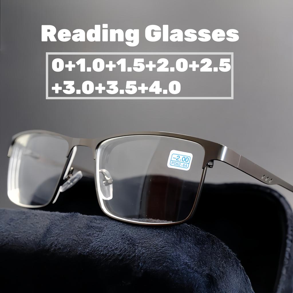 High Quality Metal Frame Reading Glasses Men Business Anti Blue Light Eyewear Classic Square Hyperopic Eyeglasses Diopter +2.25