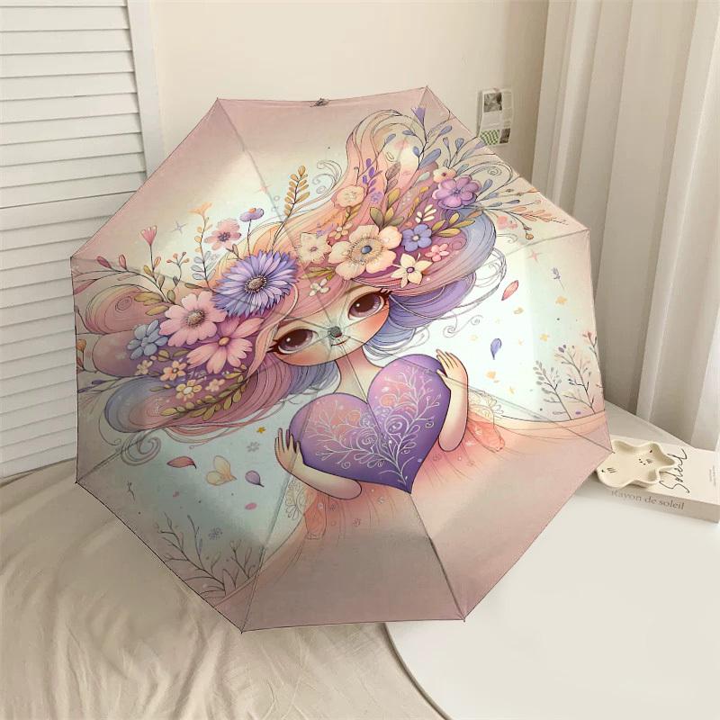 

1pc flower heart Automatic Open/Close Umbrella Compact Folding Umbrella with 8-Rib Shaft for Women/Men, Elegant Birthday1302S