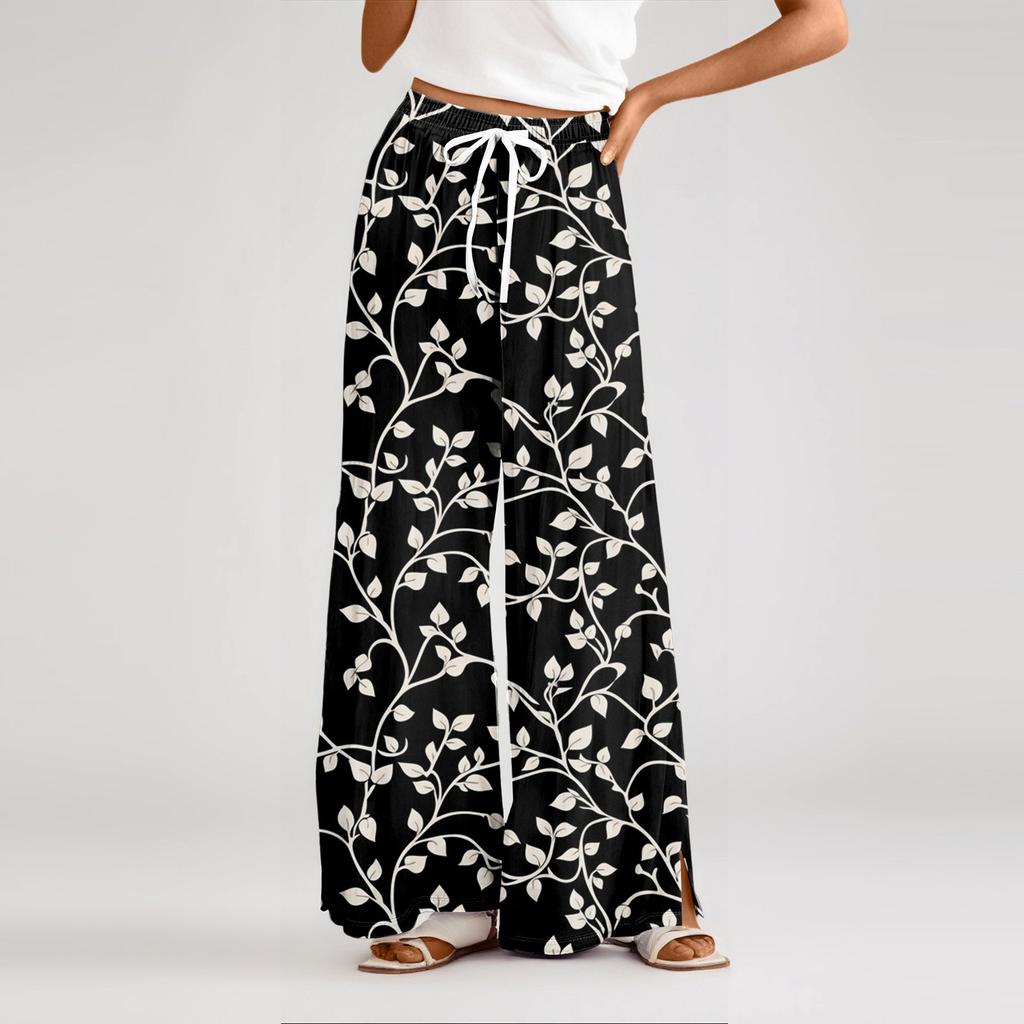 Damen Lockere Lässige Hose mit Blumenmuster, Weitem Bein, Elastischem Bund, Kordelzug und Taschen