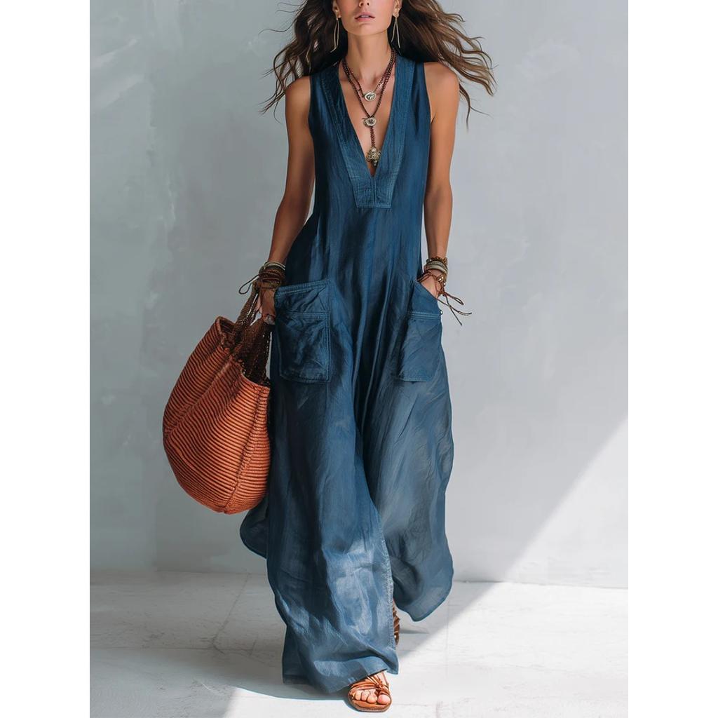 Women's Sleeveless Deep V Neck Loose Wide Leg Jumpsuit Solid Pocket Maxi Jumpsuit Casual Vacation Romper