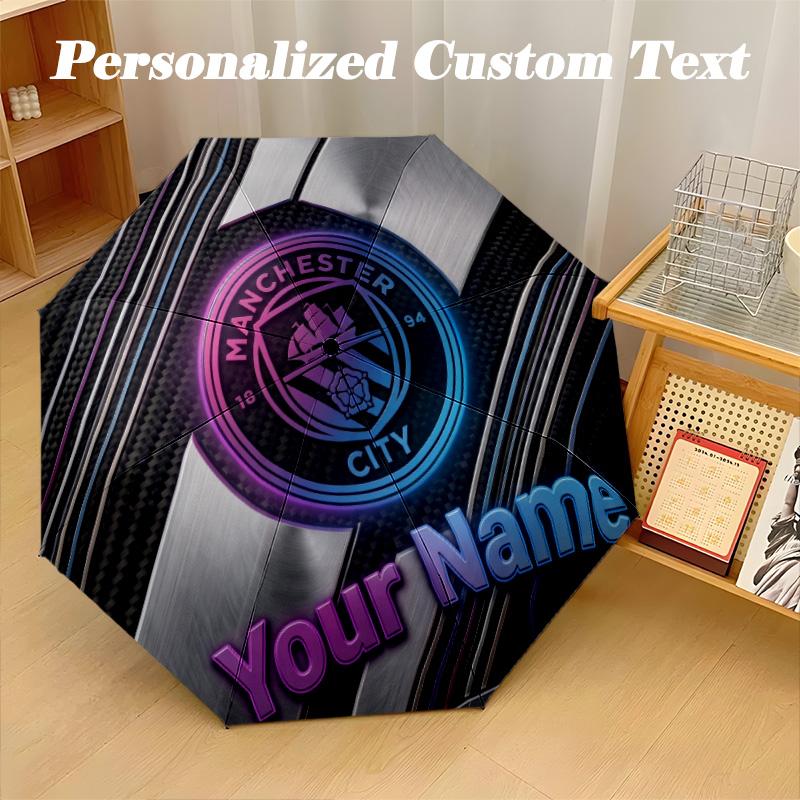 8 Rib Auto Folding Umbrella Manchester City Print Custom Name Text Portable Rain Gear