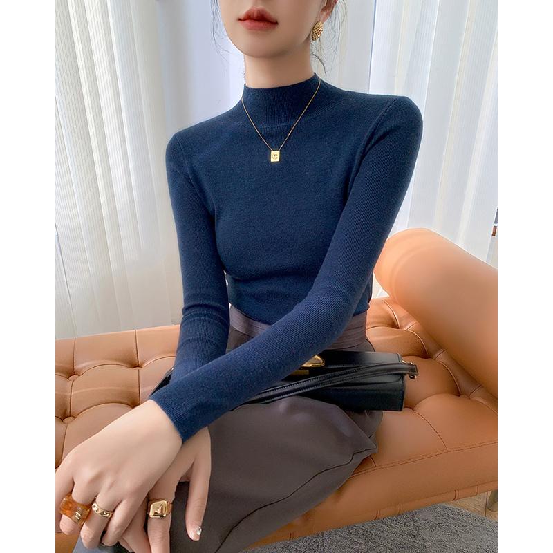Autumn and Winter Semi High Neck Knitted Sweater Women Long Sleeve Solid Casual Base Sweaters Tops Office Lady Elegant Slim Fit Knitwear Jumper 25049