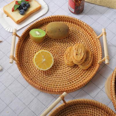 Dinner Serving Tray Breakfast Bread Food Plate Handwoven Rattan Storage Tray Round Shape Fruit Cake Wicker Basket With Handle