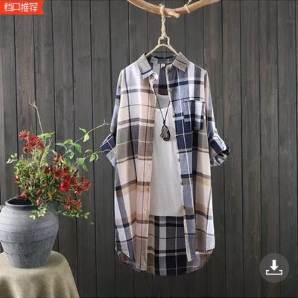 Women's Point Collar Long Sleeve Plaid Blouse Loose Fit Casual Cotton Tunic Shirt Outerwear