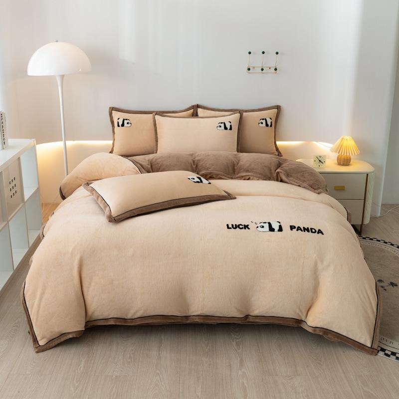 Panda Thickened Milk Fleece Embroidery Four-Piece Set Thermal Bedding Kit Student Three-Piece Set