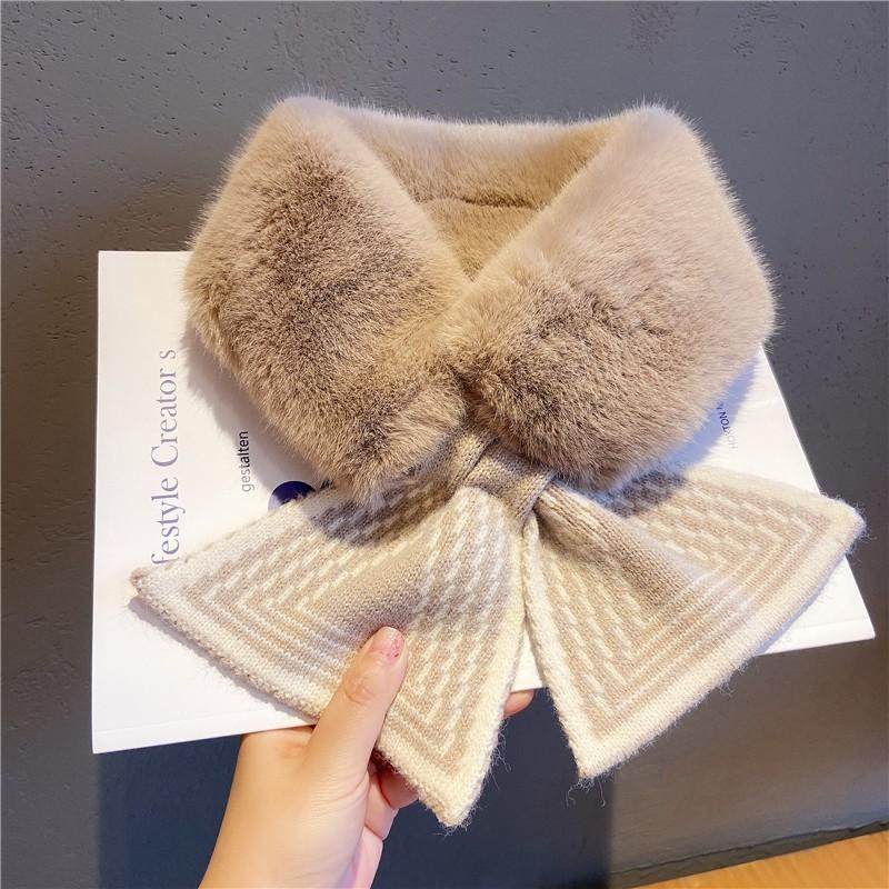Women Winter Warm Thicken Cross Collar Neck Warmer Solid Color Faux Rabbit Fur Plush Elegant Knitted Shawl Scarfs