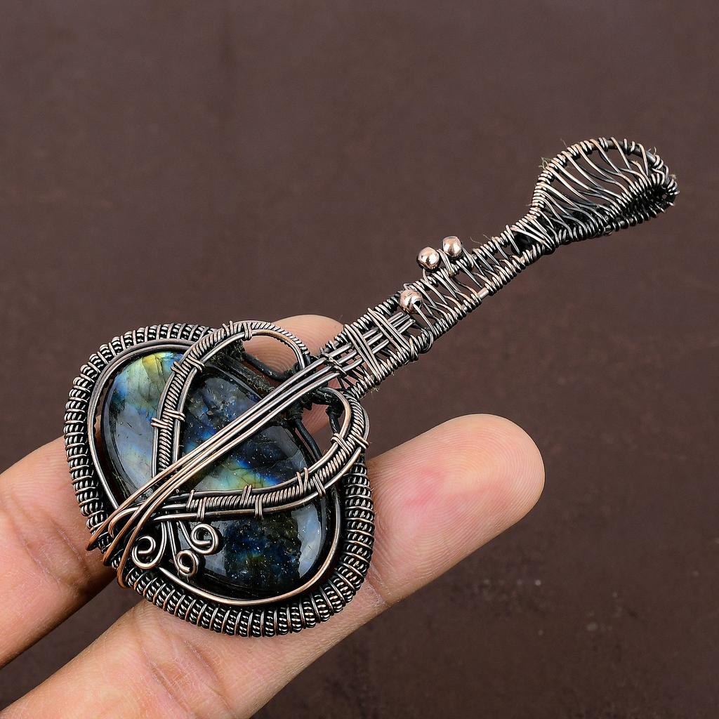 Labradorite Handmade Copper Wire Wrap Guitar Pendant 3.1" j1Q83