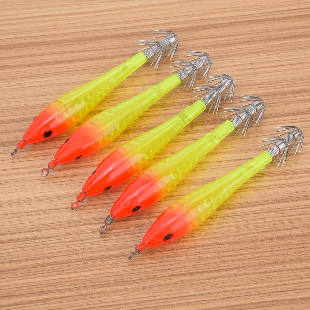 5Pcs Luminous Squid Jigs Hook Fishing Lures Baits Tackle for Sea Fresh Waterred Head Light Green