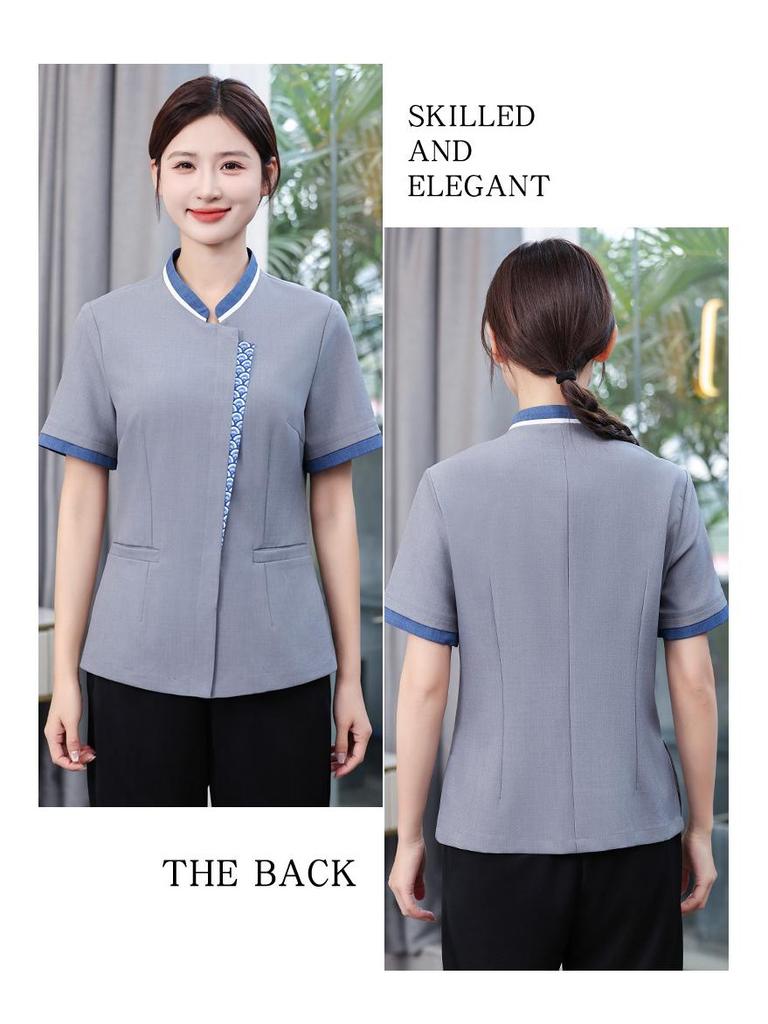Chinese Style Short Sleeve Cleaning Uniform for Hotel and Office Staff