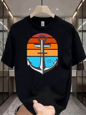 Unisexs Summer Cotton T Shirt Retro Sunset Anchor Print Short Sleeve Crew Neck Casual Nautical Graphic Daily Streetwear Loose Tops