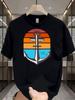 Unisexs Summer Cotton T Shirt Retro Sunset Anchor Print Short Sleeve Crew Neck Casual Nautical Graphic Daily Streetwear Loose Tops