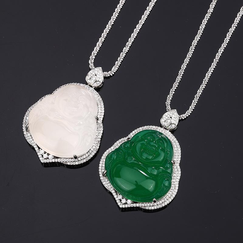 Huamei Jewelry Green Jade Marrow White Laughing Buddha Gong New Chinese Style Accessories Maitreya Goods Necklace Pendant