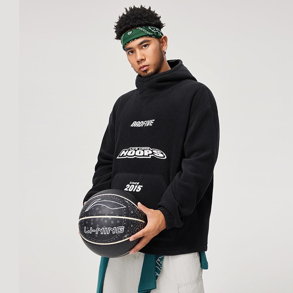 Li Ning Badfive Comfortable Casual Hooded Pullover Loose Fleece Letter Print Simple Sweatshirt Men sweatshirt Black AFDU495-1