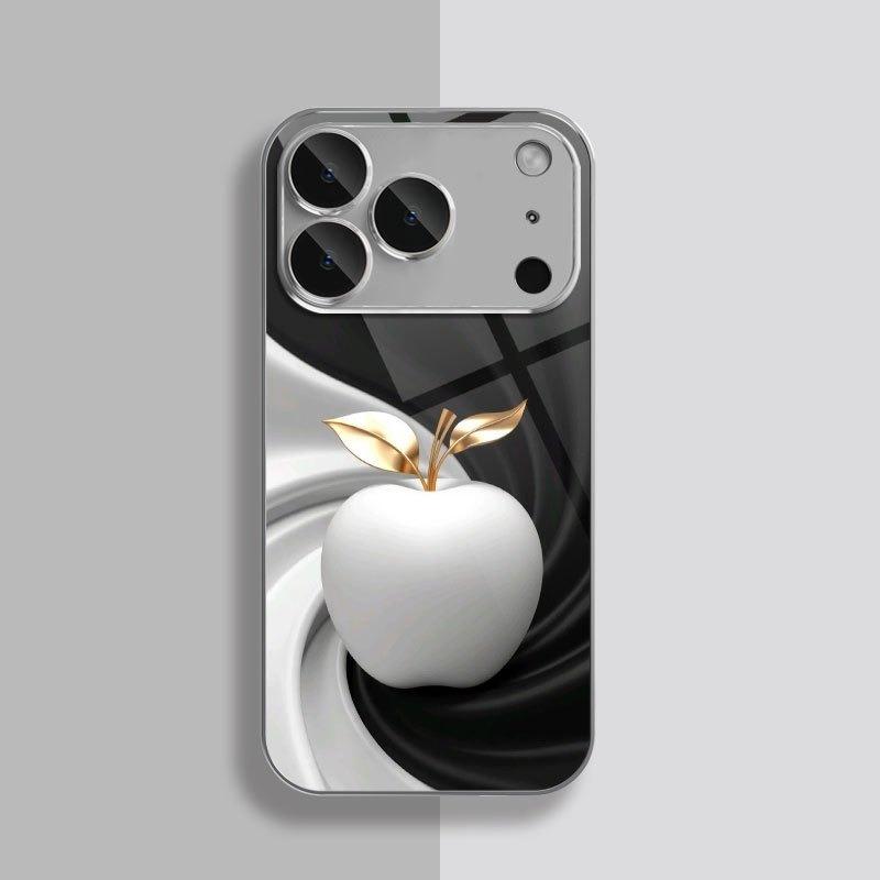 Golden Leaves White For Apples Pattern Tempered Glass Phone Case For iPhone 18 17 16 15 14 13 12 11 Pro Max 16 Plus 17 Air Cover