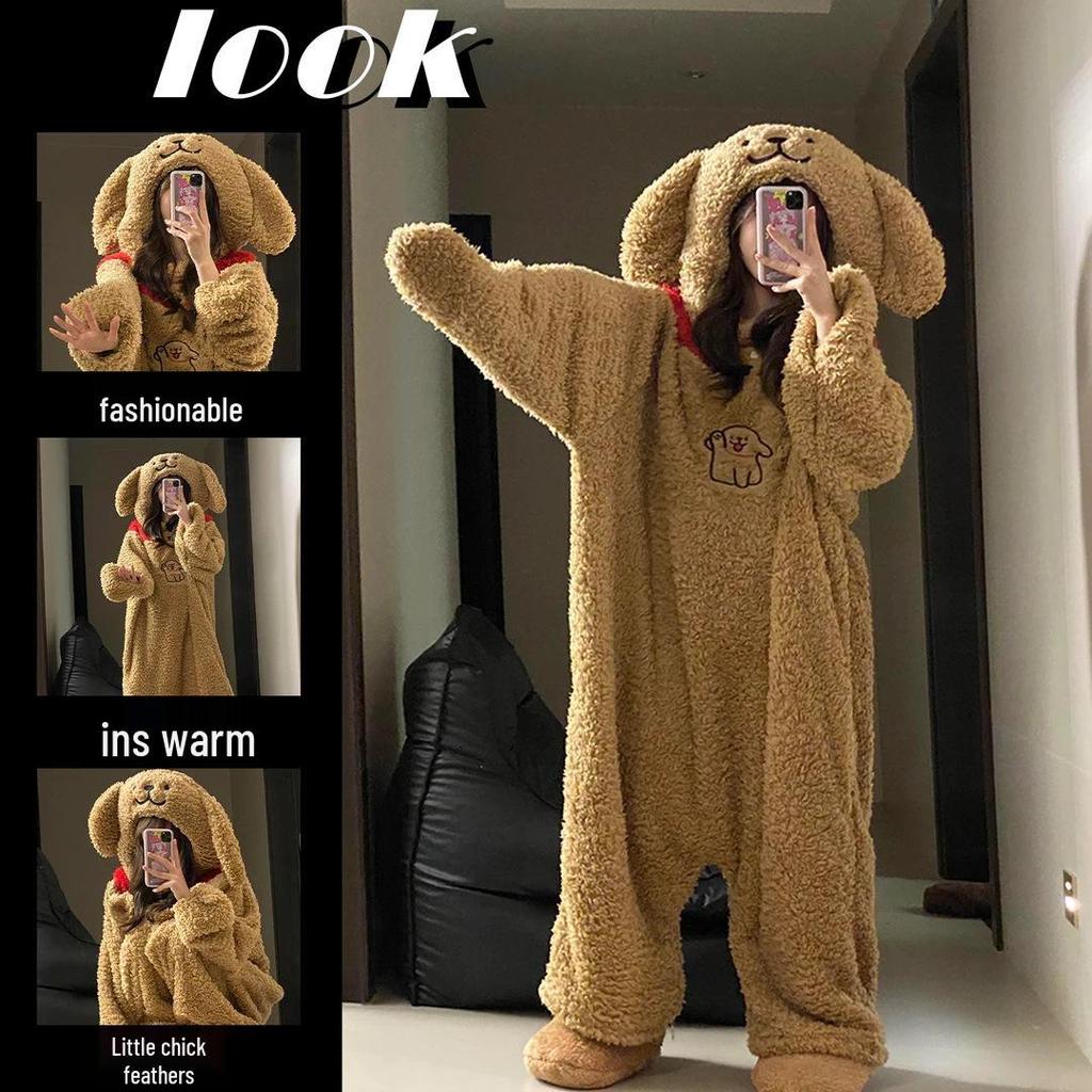 Women's Cute Cartoon Dog Coral Fleece Pajamas - Thick, Warm, Winter One-Piece Lounge Wear