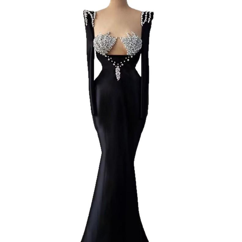 European & American Rhinestone Inlaid Stand-up Collar Bandage Evening Dress, 2025 Luxury Style.