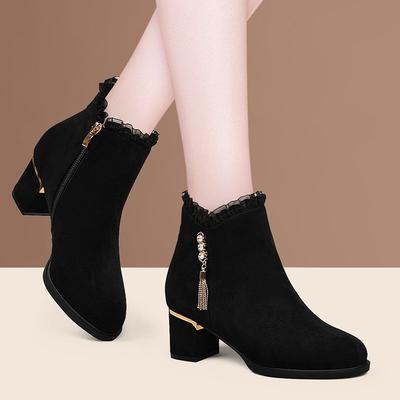 Fleece-Lined Booties Black Autumn Winter Female Short Shoes Elegant with Medium Heels Women's Ankle Boots Rhinestone Boot Sale