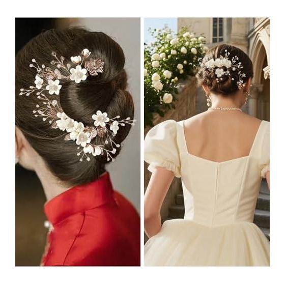 3-Piece Hair Accessory Set: Floral Pearl U-Pin Hairpins & Kanzashi Hair Comb with Artificial Flowers - Elegant Bridal & Formal Occasion Headpiece for