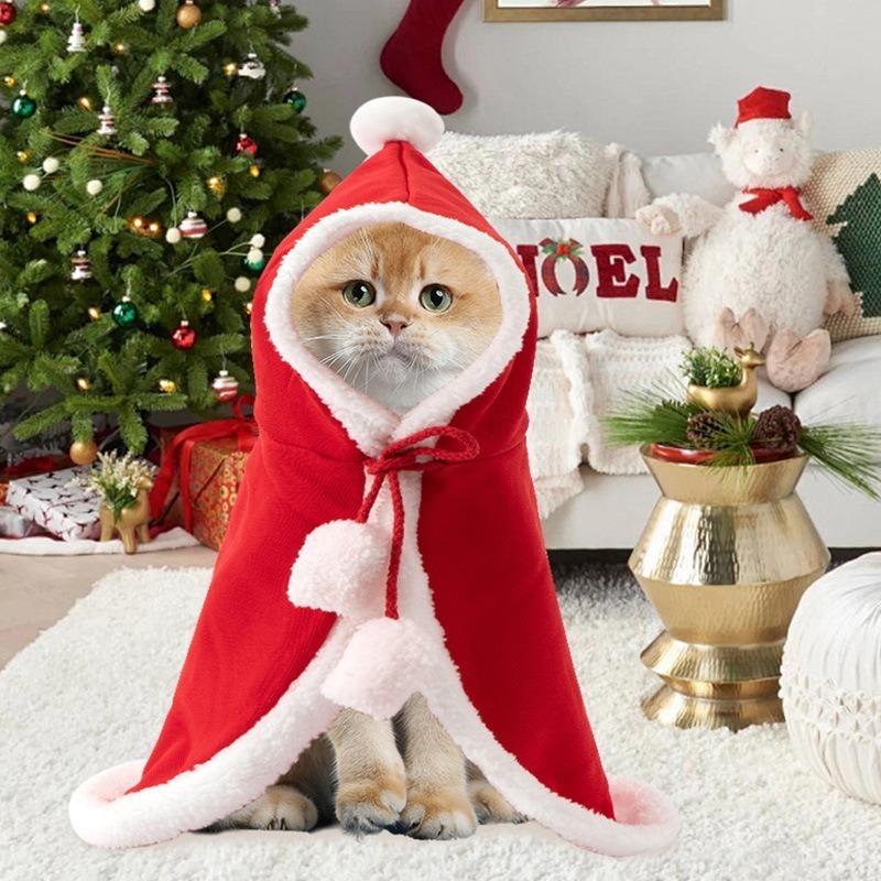 Cat Christmas Costume Santa Cosplay Funny Transformed Cat Dog Pet Xmas Cape Winter Dress Up Clothes Red Scarf Cloak Props Decor