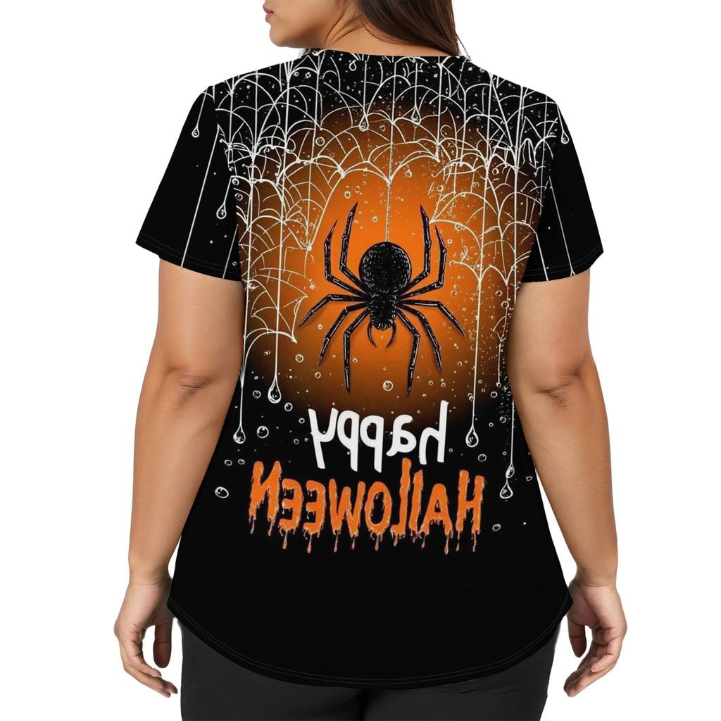 Women V Neck Short Sleeve Work Shirt Double Side Slit with Pockets Halloween Print Top Casual Comfortable Fit
