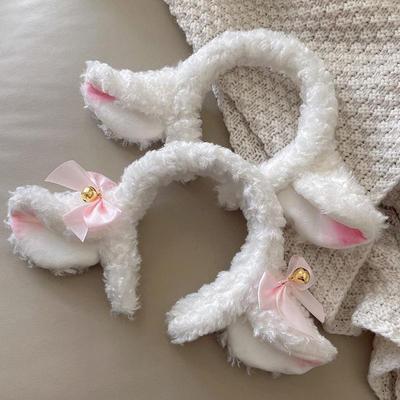 Saç Çemberi Koyun Kulağı Tasarımı Peluş Kafa Bandı Fiyonk Çan Dekor Beyaz Saç Bandı Makyaj Yıkama Aksesuarı