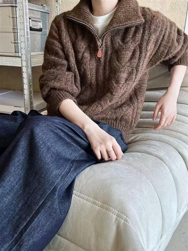 Vintage twist double zipper sweater women's soft waxy plush thick needle knitted top women