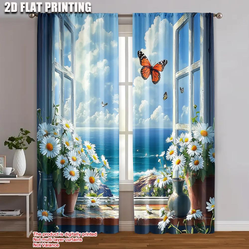 

Set Of 2 Flat Printing Window Drapes View Butterfly Daisy Flowers Fabric Without Electricity Family Party Curtain Polyester Machine Washable W100*H70(CM)-Rod Pocket&2PCS