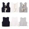Women Knitted Vest Round Neck Sleeveless Crop Tank Bow Tie Decor Hollow