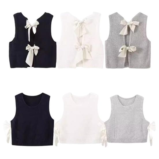 Women Knitted Vest Round Neck Sleeveless Crop Tank Bow Tie Decor Hollow