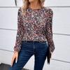 European and American New Lantern Sleeves, Small Floral Printing Crew Neck, Fashionable and Comfortable, Versatile Long-sleeved Top