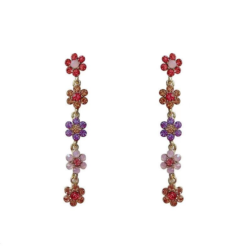 New Colorful Flower Rhinestone Long Earrings for Women Personality Fashion Summer Accessories Girly Party Jewelry Birthday Gift