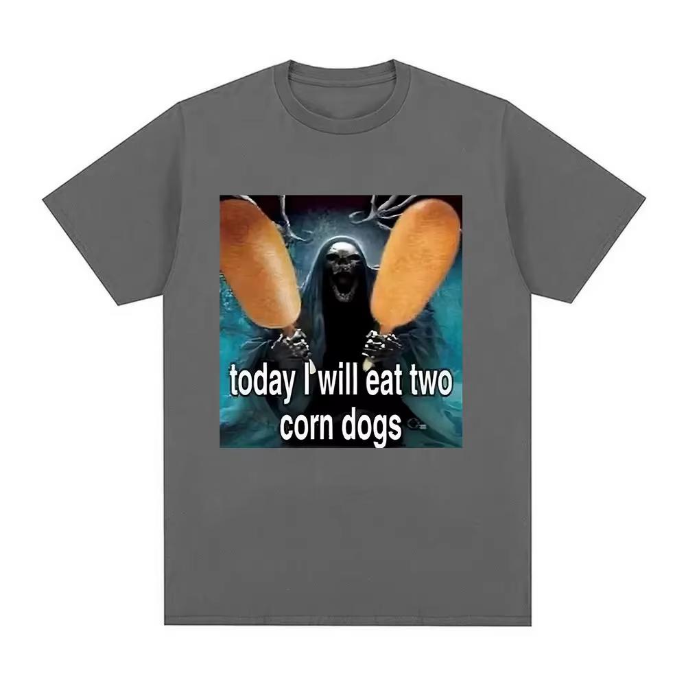 Today I Will Eat Two Corndogs Graphic T-Shirt Skeleton Meme Men's Vintage Gothic Short Sleeve T-shirts Cotton T Shirts