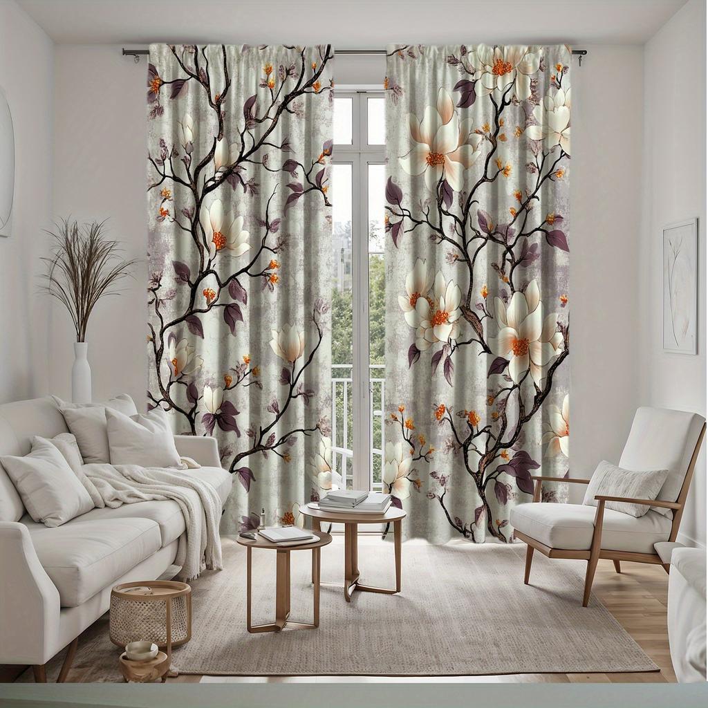 2Pc Magnolia Flower Print Curtains, Polyester Fabric, Machine Washable, Suitable For Bedroom Living Room Decoration