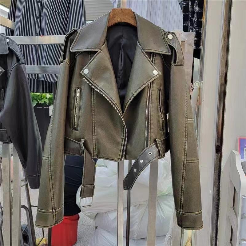 Retro kožená bunda Hong Kong Style Dámská Krátká jarní a podzimní nový ležérní trend letošního roku oblíbená PU kožená bunda na motorku