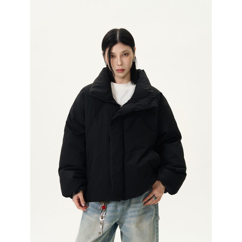 Kisko Winter Thickened Warm Deconstructed Design Stand Collar Black Cotton Jacket Unisex Casual Puffer Short Wide Coat