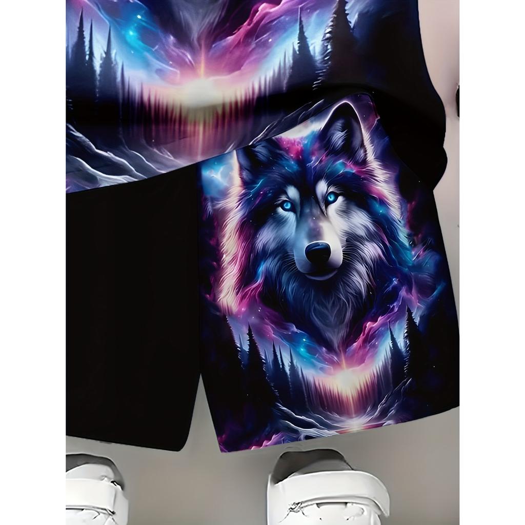 Boy's Wolf Head Animal Pattern Domineering Set, Fashionable Printed Casual Short Sleeved T-shirt, Outdoor Personalized Shorts Set