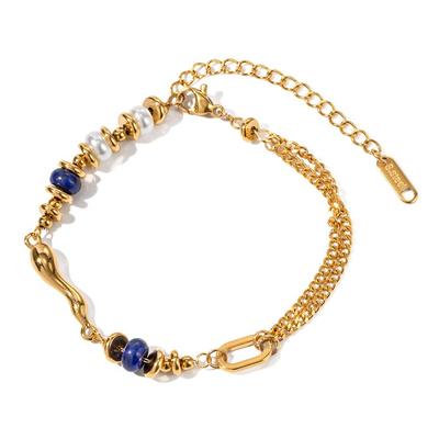 European and American New Stainless Steel Inlaid Pearl Bracelet with Blue Stone Water Drop Bracelet Jewelry Women's Bracelet
