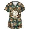 Women's Fashion Printed Short Sleeve V Neck Pattern Tops Pocket Working T-shirts