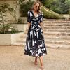 LYRIA Fashionable V-neck Printed Waist-cinching Dress Bohemian Style Short-sleeved Ankle-length Dress