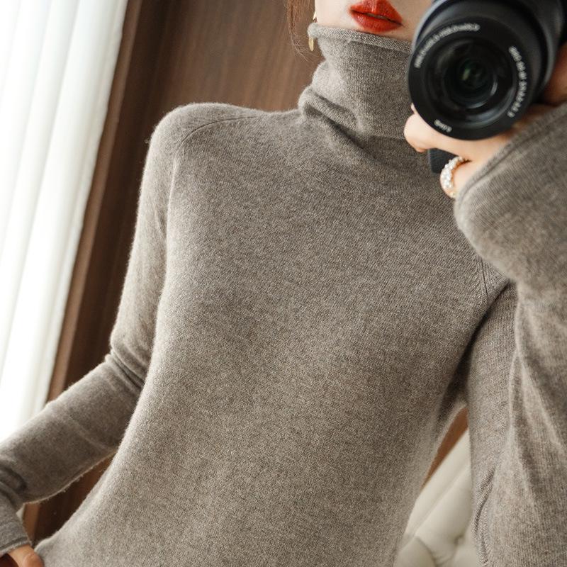 Women's High Neck Knit Sweater: Long Sleeve, Solid Color, Loose Fit, Stylish Autumn/Winter Base Layer