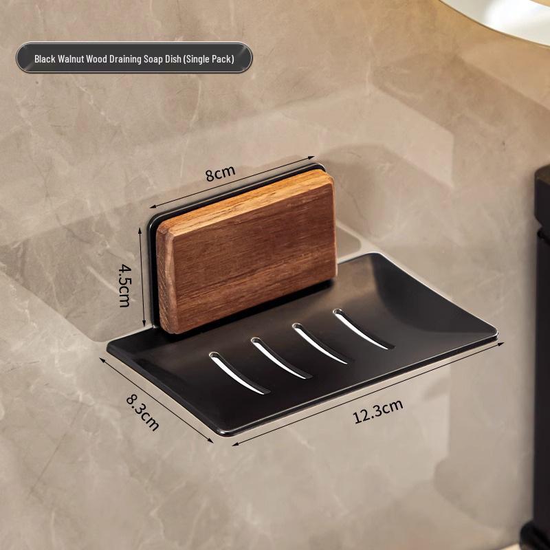Wall-Mounted Walnut Soap Dish with Drainage, No-Punch Installation