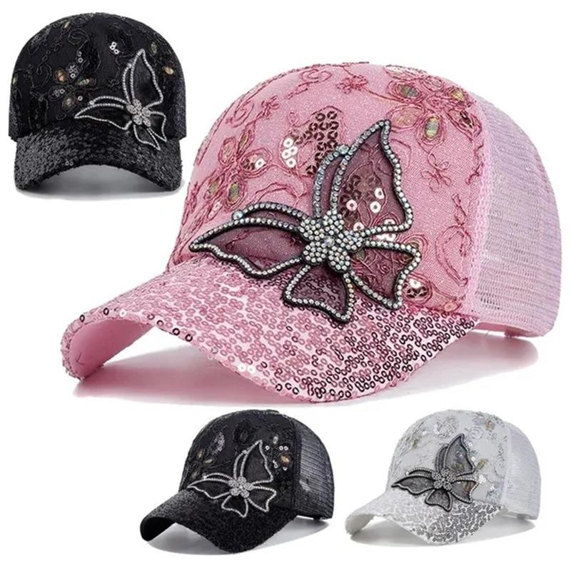 Bling Bling Lentejuelas Mariposa Gorra De Béisbol para Mujeres Niñas Verano Transpirable Snapback Gorras Parasol Viseras Sombrero De Sol Sombreros De Protección UV