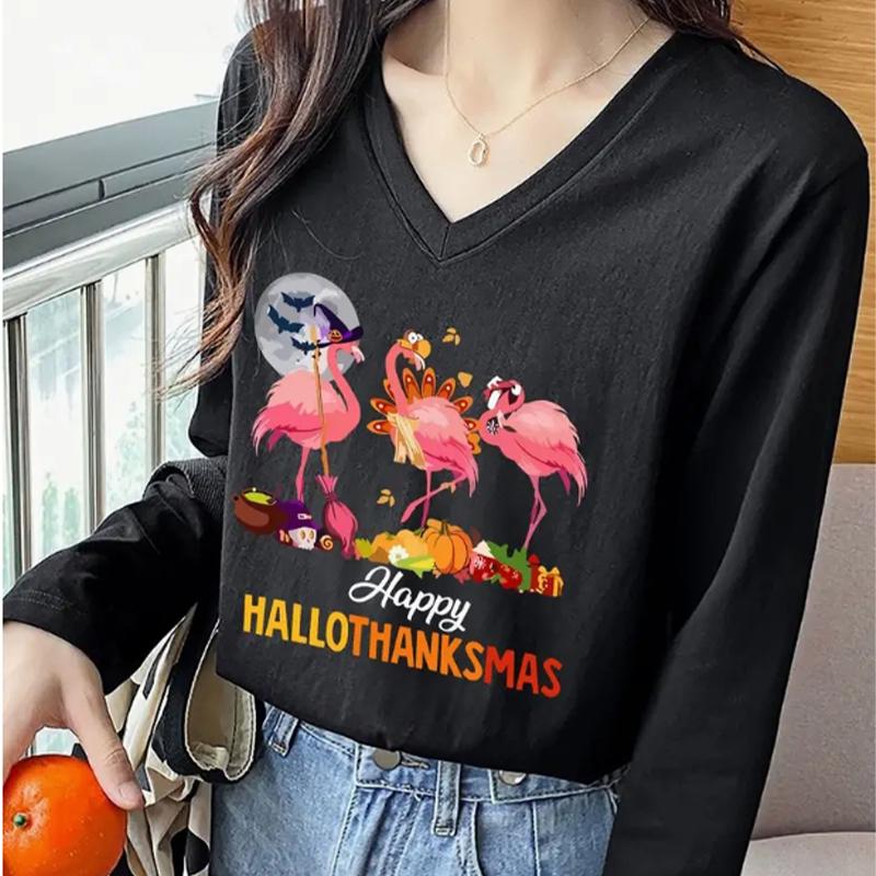 

Рождественский принт фламинго женские футболки женские топы с длинным рукавом V-образный вырез пуловер женские футболки футболка для женщин 8XL чёрный