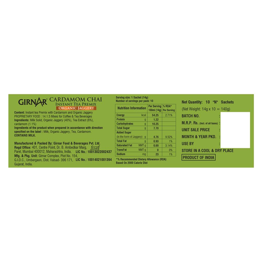 Girnar Instant Cardamom Chai Premix With Organic Jaggery Green Tea 10Sachets Easy Hot Beverage 10 Count Travel Friendly