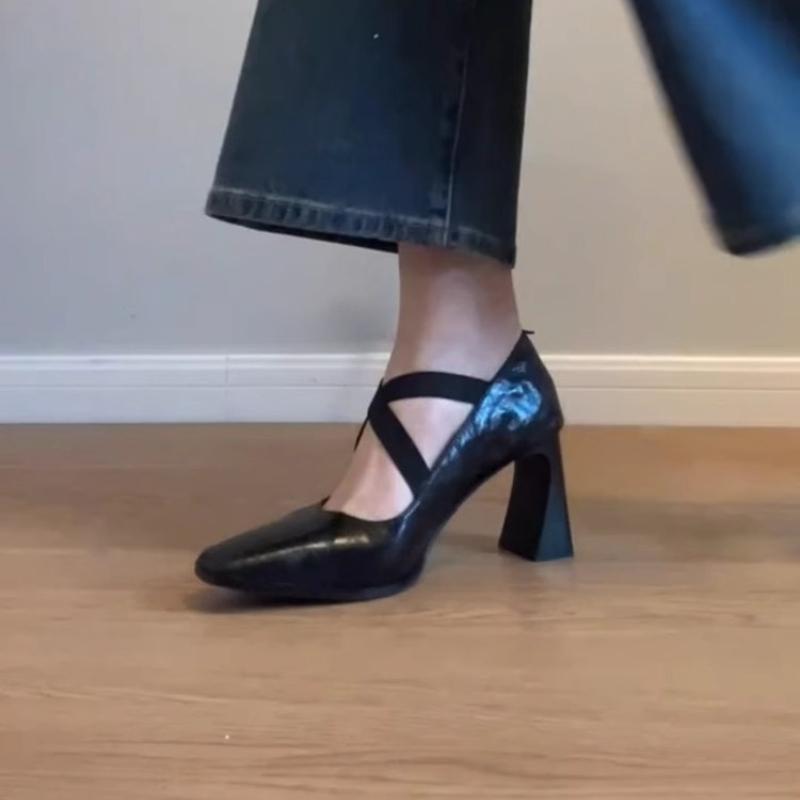 

Fashion 2025 Spring and Summer New Cross Elastic Band Retro Thick Heel Mary Jane One Foot High Heels Women Singles Pointed Ballet Shoes 35 чёрный