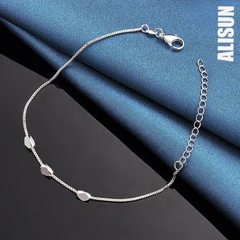925 Sterling Silver Three Diamond Bead Bracelet Box Chain Fashionable Wedding Jewelry
